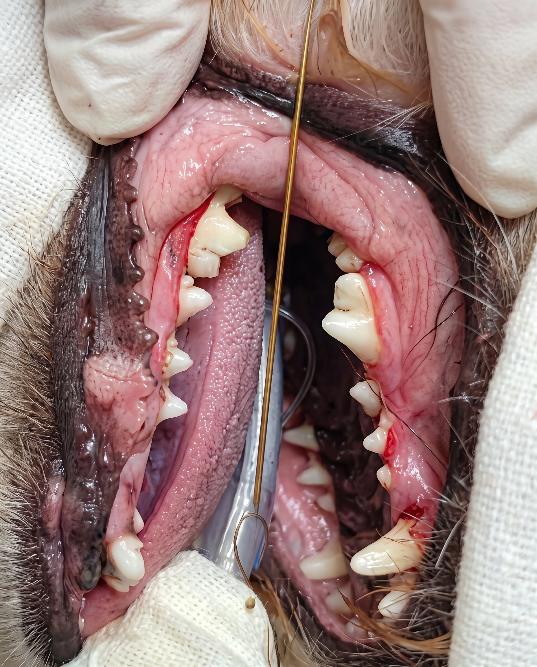 Dentes do cão Rex depois da limpeza, limpos e saudáveis