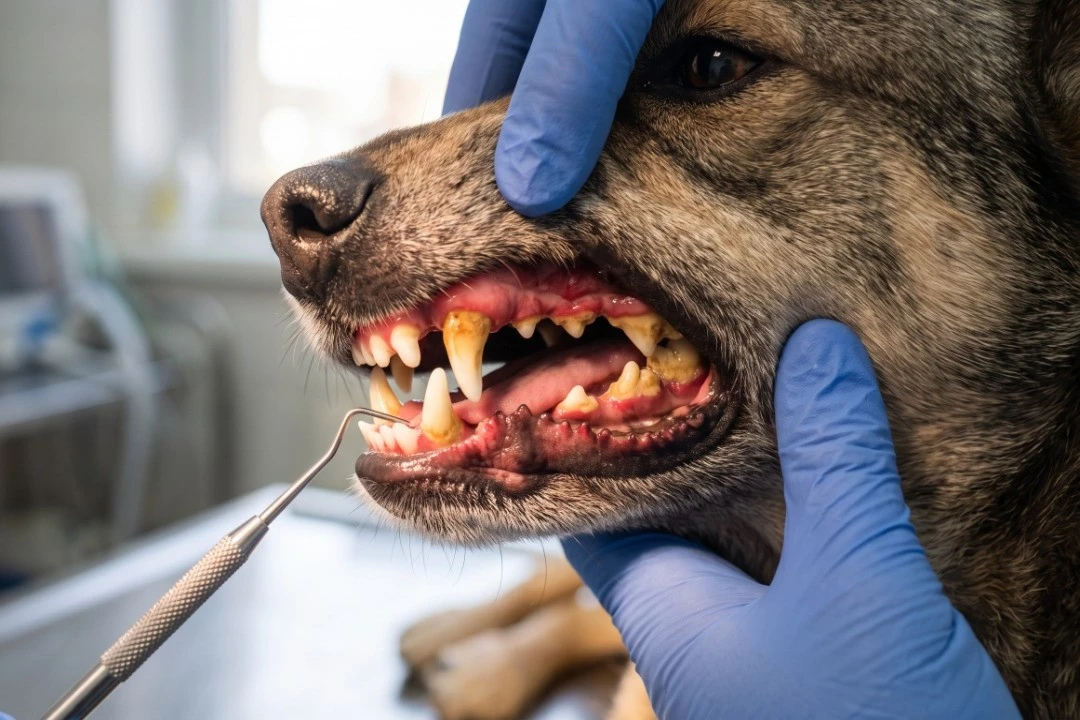 Dentes de cão com camada amarelada de tártaro visível na base